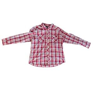 WRANGLER Western Plaid Western Pearl Snap Shirt Red Orange Mens XL Long Sleeve